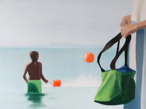 Boy and a Green Bag. Oil on canvas 140x188 cm. 2021 m.